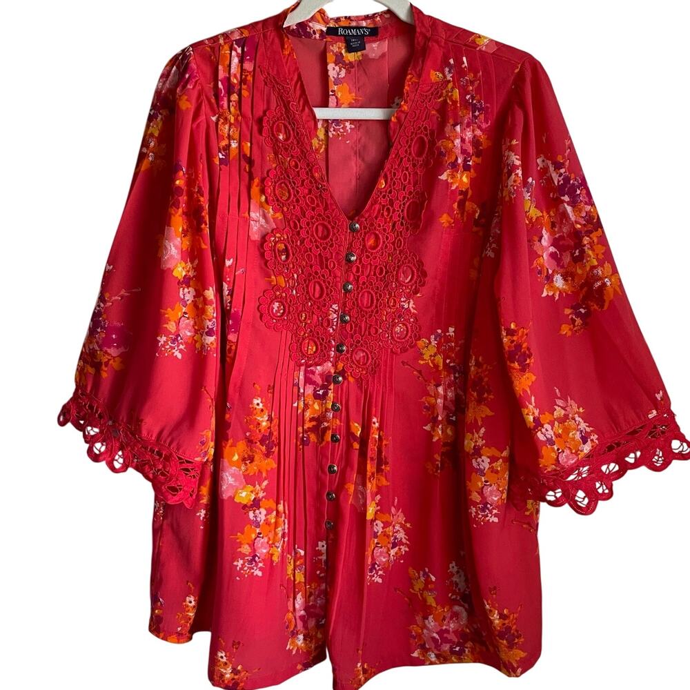Roaman’s Blouse Top Sz 14W Pintucks Crochet Lace Button Detail Bell Sleeves Red